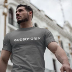 Gods Of Grip T-Shirt - Charcoal -Pure Beauty Shop charcoal t shirt front model